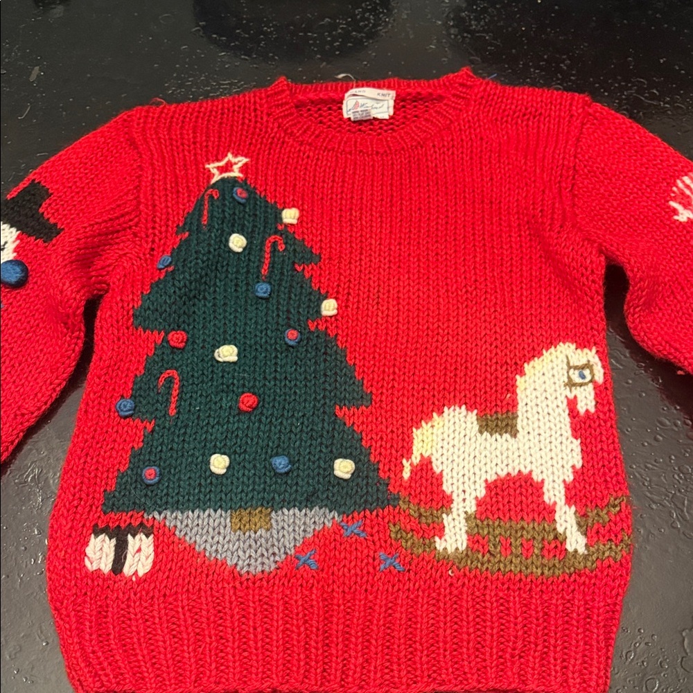 Red Holiday Sweater with Christmas Tree and White Horse